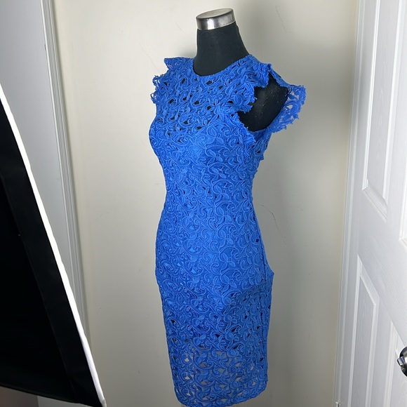 Zara Royal Blue Guipure Lace Embroidery Chic Midi Dress Size Small - Picture 2 of 16